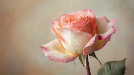 A single pink and white rose with green leaves against a soft brown and green background.