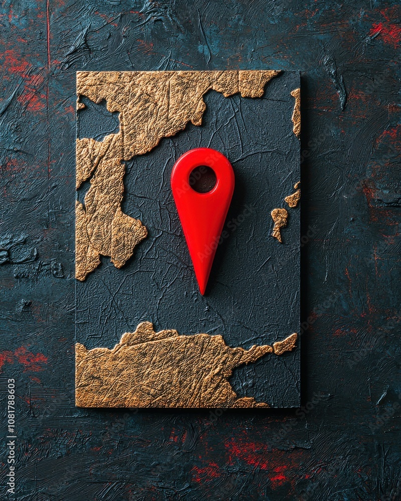 Poster a vibrant map design featuring a red location pin on an abstract textured background, symbolizing na