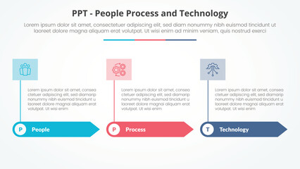 PPT framework infographic concept for slide presentation with rectangle arrow and banner on header top with 3 point list with flat style