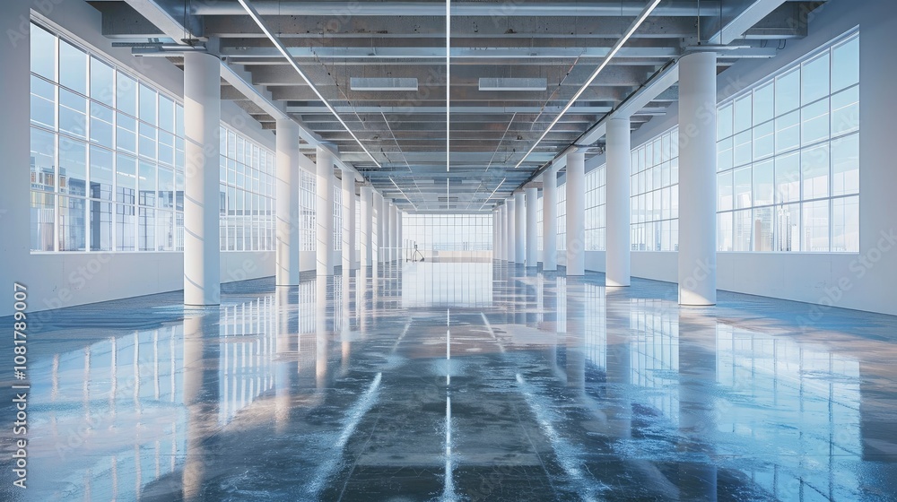 Poster empty showroom with glossy floors and ambient lighting