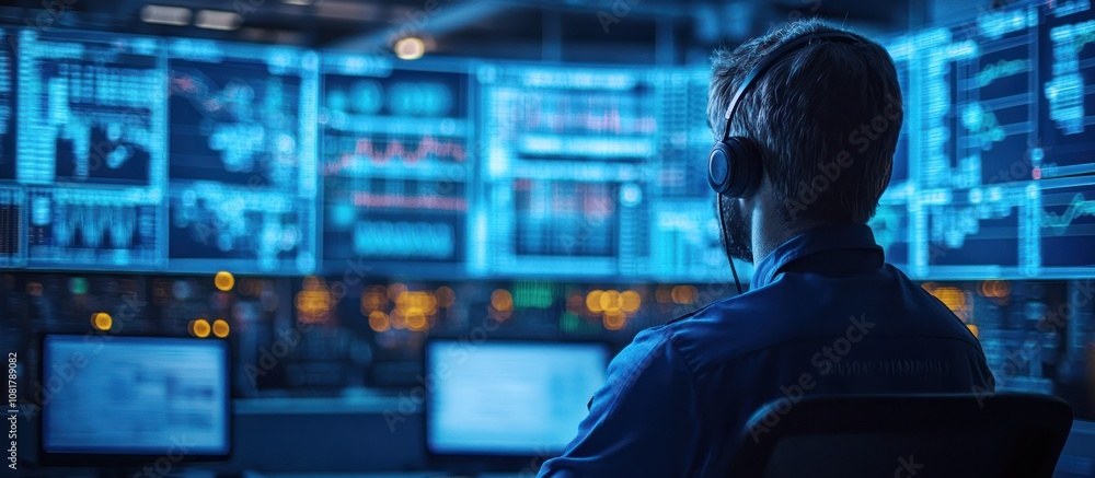 Poster a man wearing headphones sits in front of multiple computer monitors in a dark control room with blu