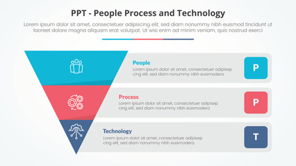 PPT framework infographic concept for slide presentation with reverse pyramid and rectangle box container description with 3 point list with flat style
