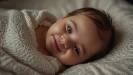 Smile newborn baby in bed