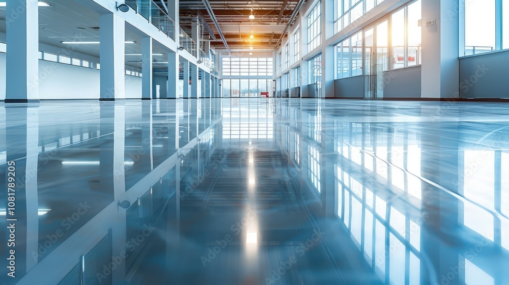 Poster empty showroom with glossy floors and ambient lighting