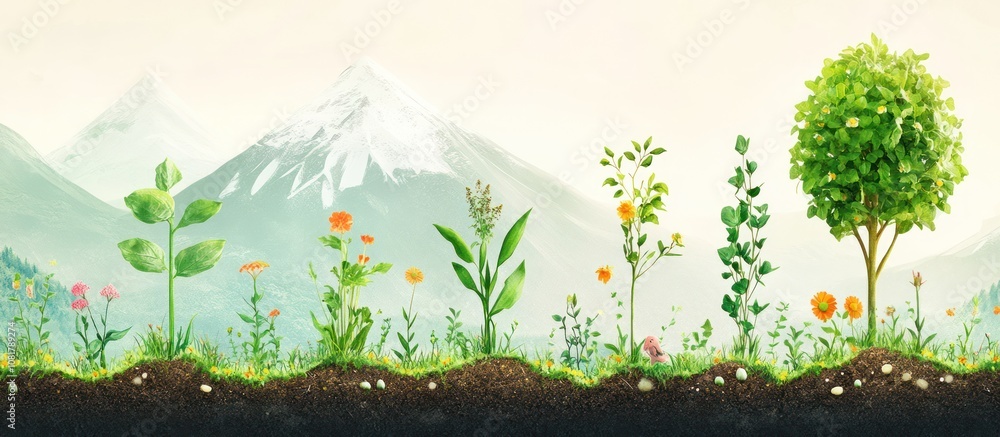 Aufkleber a row of different plants growing from the soil in front of a mountain range.