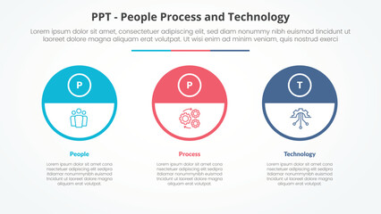 PPT framework infographic concept for slide presentation with big outline circle and half header with 3 point list with flat style