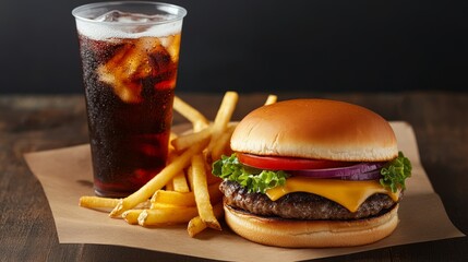 A fast food takeout meal featuring a cheeseburger, fries, and a soda, ideal for a quick and delicious lunch