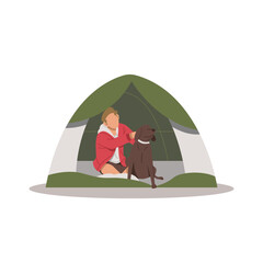 portrait of man camping with his dog flat design