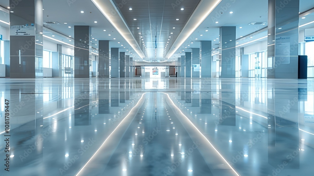Poster empty showroom with glossy floors and ambient lighting