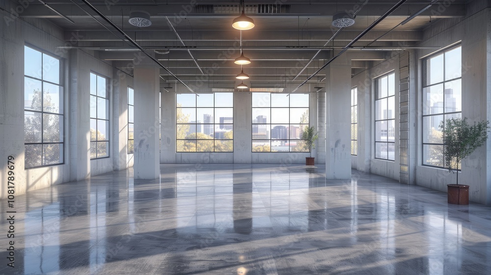 Poster Empty office space with a minimalist design and large windows