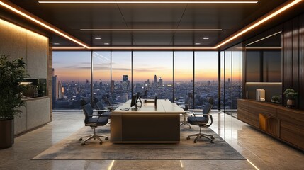 Modern office with city skyline view during sunset