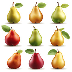 Nine colorful pears displayed in an artistic arrangement showcasing various ripeness and hues against a clean background