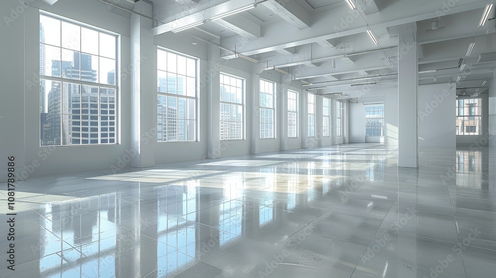 Poster Empty office space with a minimalist design and large windows