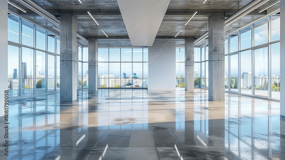 Poster Empty office space with a minimalist design and large windows