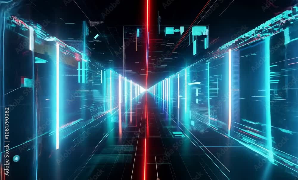 Aufkleber futuristic digital tunnel neon lights and abstract patterns create depth and motion in high tech atm