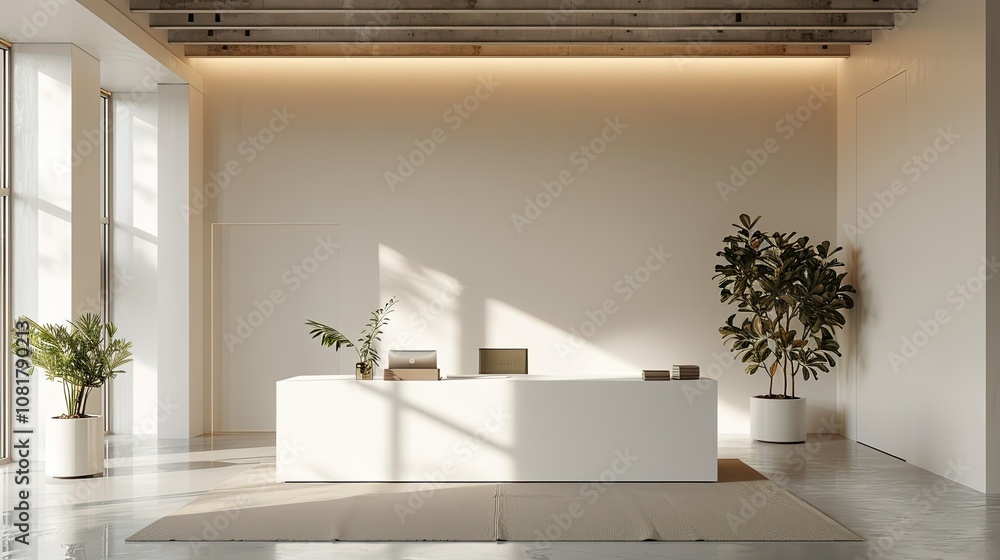 Poster empty minimalist office with white walls and a single desk