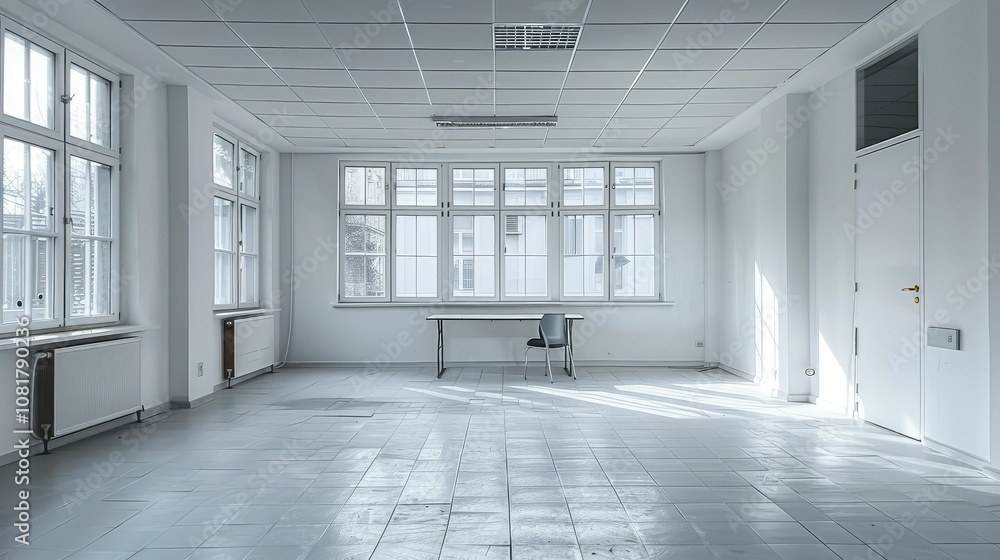Poster empty minimalist office with white walls and a single desk