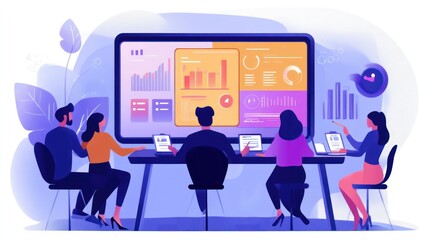 A team of four people are gathered around a large screen displaying data charts and graphs, analyzing and discussing the information. They are working together to make decisions based on the data.