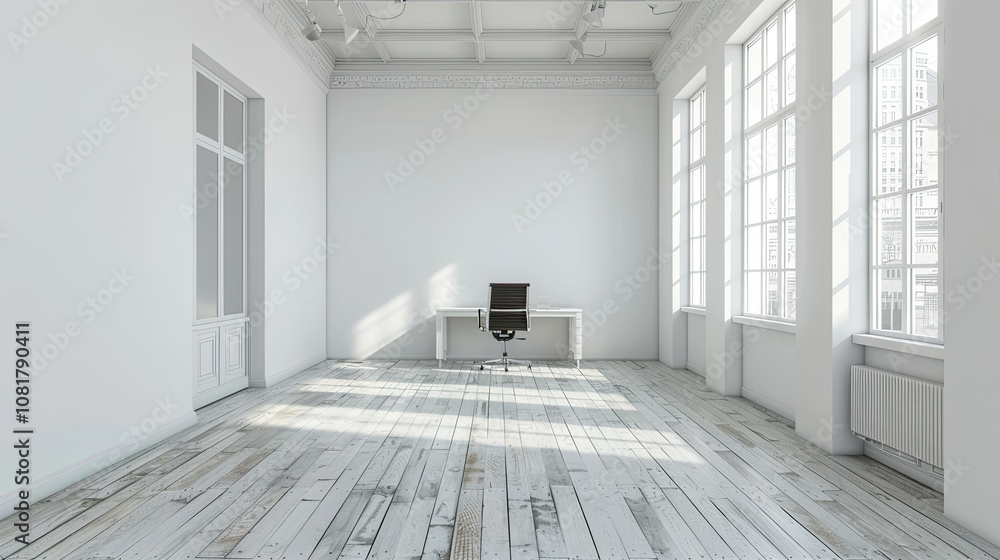 Poster empty minimalist office with white walls and a single desk