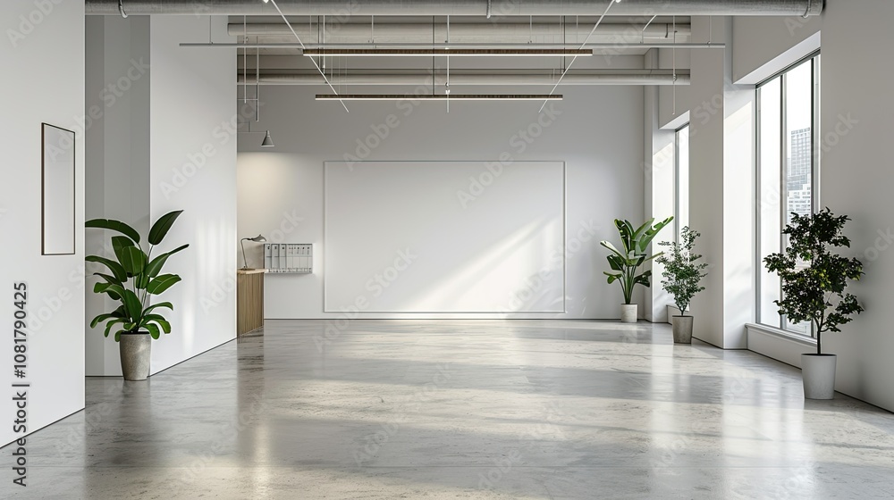 Poster empty minimalist office with white walls and a single desk
