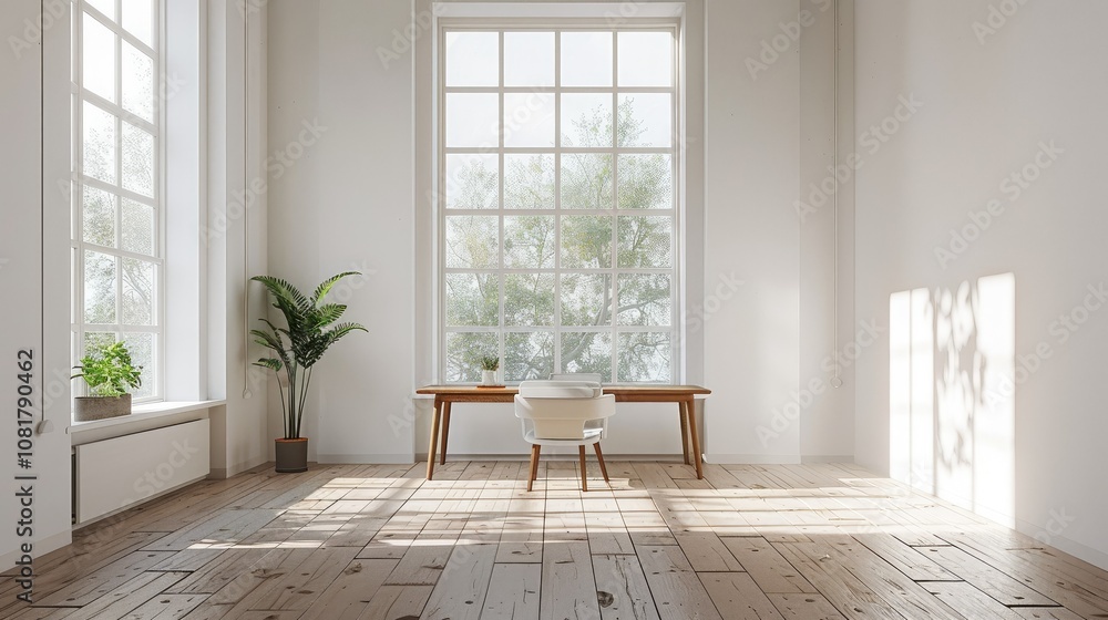 Poster empty minimalist office with white walls and a single desk