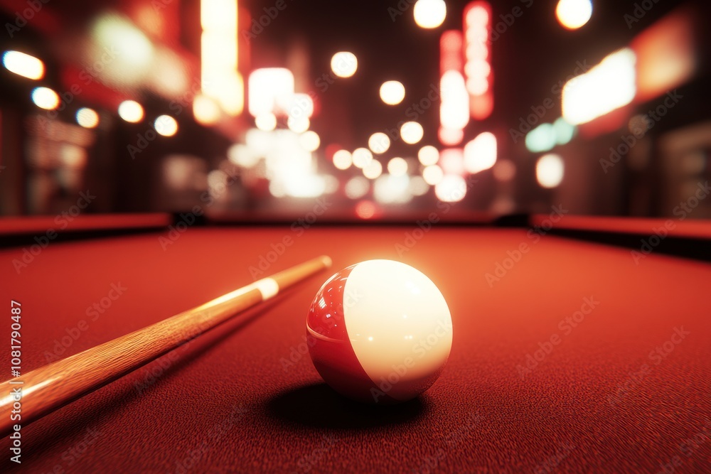 Poster a single pool ball rests on a green felt pool table with a cue stick lying beside it. the background