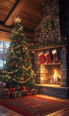 Fototapeta premium cozy and festive Christmas scene inside a rustic log cabin. A beautifully decorated Christmas tree stands tall in the corner