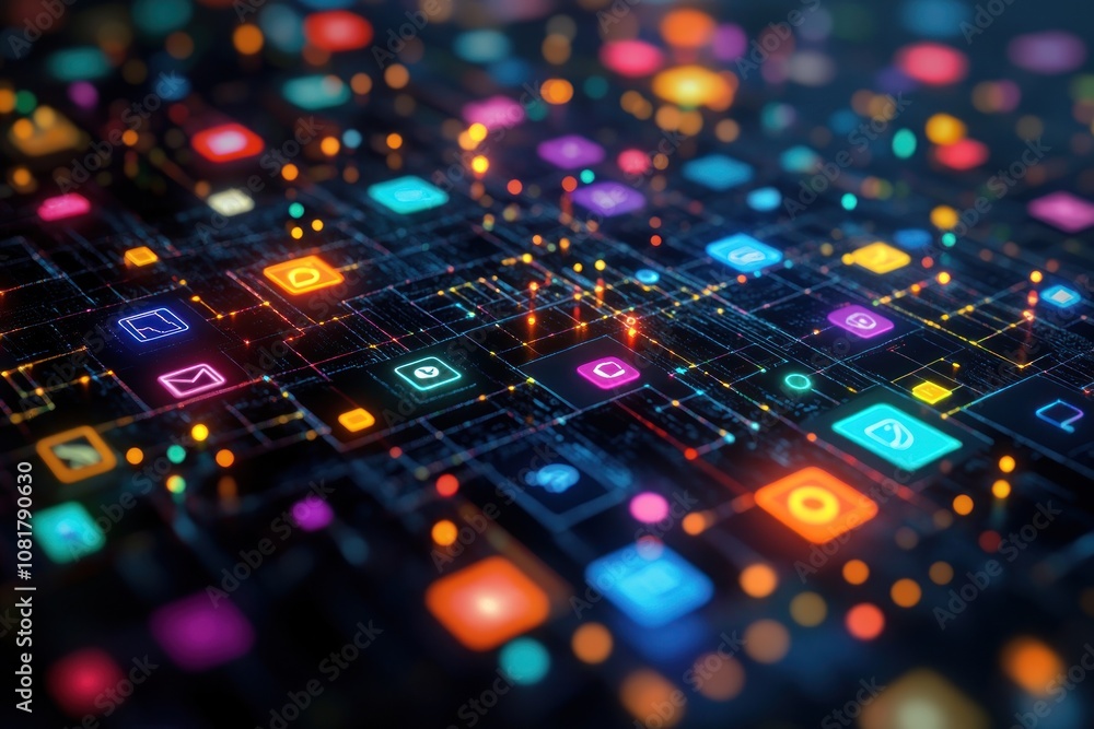 Poster abstract digital background with glowing social media icons connected by a network of lines.