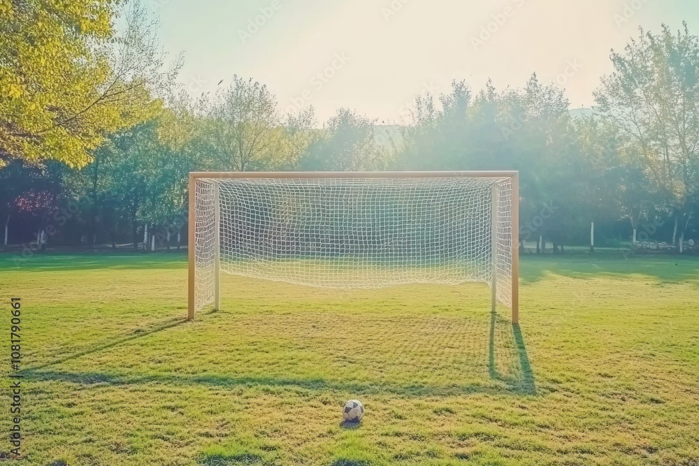 Poster a soccer ball sits in front of an empty goal on a green field with trees in the background.