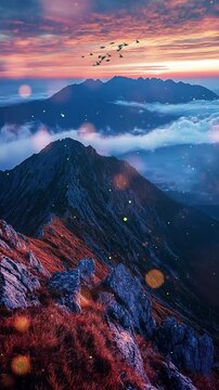 Breathtaking Mountain Ridge at Dawn with Colorful Sky Background. Seamless looping motion design. Video animation. Stunning view of a mountain ridge at dawn, with vibrant colors in the sky