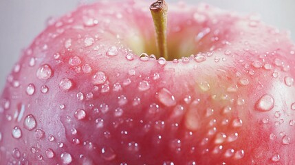 12.A detailed close-up of a pink Fuji apple, displaying its smooth, shiny surface and the soft gradient from pink to light green around the stem. The apple's natural imperfections add character, all