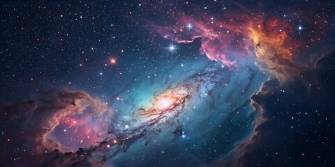 Obraz premium Aerial View of a Cosmic Nebula with Shimmering Stars in the Night Sky, Perfect as a Space Background for Banners and Digital Designs