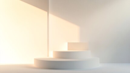 19.A three-tiered 3D white podium set in the center of a stark white background. The different levels provide visual interest, with soft lighting creating subtle gradients and shadows, perfect for a