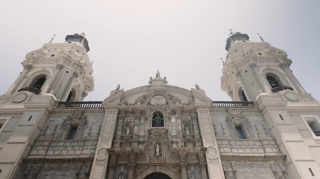 Lima Cathedral - Entrance And Main Facade Of Lima Metropolitan Cathedral In Peru. - tilt up shot