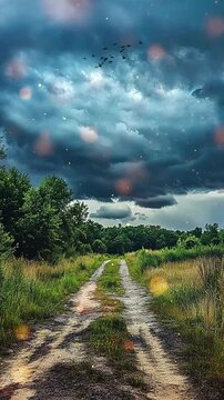 Dramatic Storm Clouds Over Rural Dirt Road in Countryside Background. Seamless looping motion design. Video animation. Moody storm clouds gather over rural dirt road, creating dramatic and atmospheric