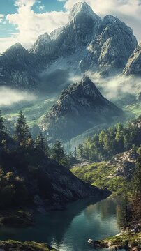 Majestic Mountain Range Overlooking Pristine Lake and Lush Forest Background. Seamless looping motion design. Video animation. A breathtaking view of a towering mountain range, with a serene lake