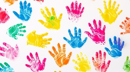 Fototapeta premium 32.A joyful collection of kidsâ€™ handprints in vibrant colors scattered across a white background. The handprints are accompanied by playful doodles and scribbles, evoking a sense of fun and
