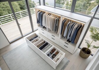 Aerial View of a Minimalist White Wardrobe Filled with Stylish Clothes, Showcasing Modern Fashion Trends and Neat Organization in a Bright, Spacious Room