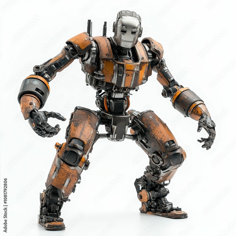 Poster a robotic figure in a crouching pose.