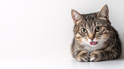 39.A close-up portrait of a cat sitting on a white background, caught in the act of licking its lips. The catâ€™s eyes are bright, and its fur texture is clearly visible, with ample copy space around