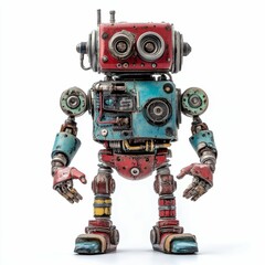 Fototapeta premium Rusty robot with colorful parts standing.
