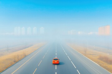 Fototapeta premium Car driving through foggy road urban landscape photography misty environment aerial view journey concept