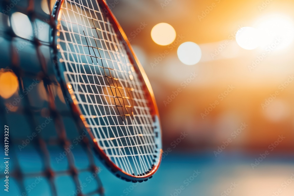 Poster close-up of a badminton racket against a blurry background of a court and net.