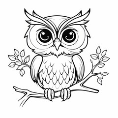Fototapeta premium A cartoon owl perched on a branch with large eyes and feathery details.