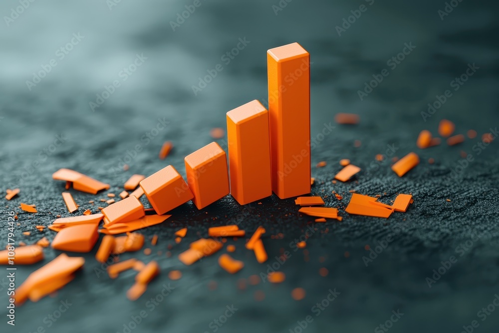 Poster conceptual illustration of market crash with breaking bar graphs representing financial decline and 