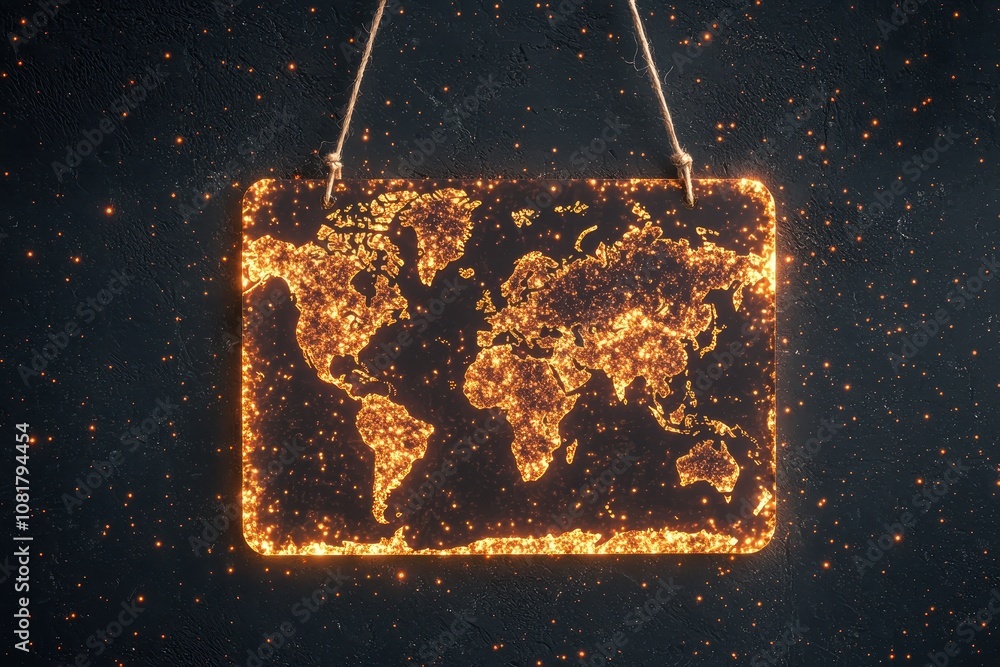 Poster glowing world map surrounded by economic warning signs illuminating the global challenges in a dark 