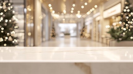 67.A pristine white table with a marble finish is positioned against a softly blurred store background, where bokeh lights twinkle softly. The smooth surface and the elegant simplicity of the