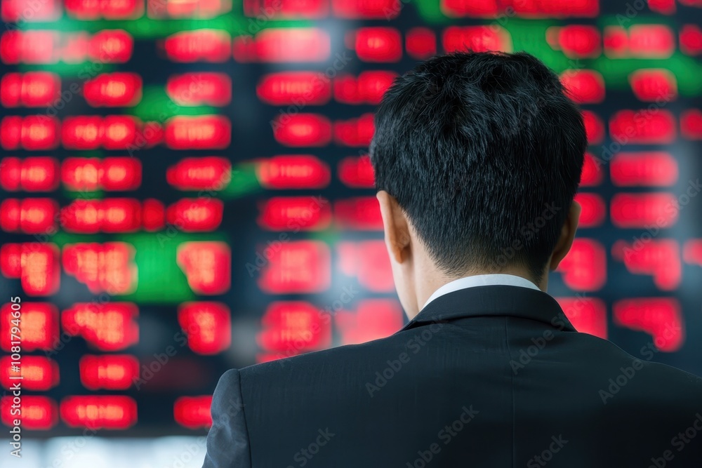 Poster investor analyzing stock market trends with a tense expression in front of financial data displayed 