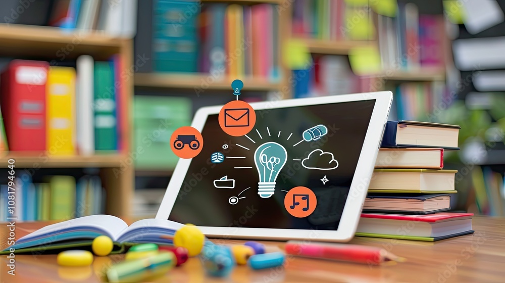 Poster digital tablet with floating educational icons