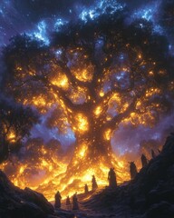 Naklejka premium Mystical Forest with Glowing Tree and Spirits